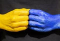 Female hands in fists are painted in colors of the Ukrainian flag. readiness to fight for freedom Royalty Free Stock Photo