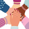 Female hands folded in center. Unity symbol, team, group, cooperation, togetherness, partnership, agreement, teamwork, social