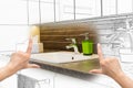 Female hands framing custom bathroom design.