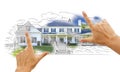 Female Hands Framing House Drawing and Photo on White Royalty Free Stock Photo