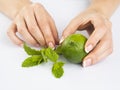 Female Hands with French Manicure on Nails Holding a Fresh Summer Limet and Mint Leaves. Summer Freshness concept Royalty Free Stock Photo