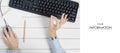 Female hands gesture okey notes for notes keyboard mouse from computer pattern Royalty Free Stock Photo