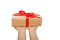 Female hands give present box, crop, cut out Royalty Free Stock Photo