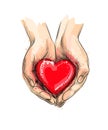 Female Hands Giving Red Heart From A Splash Of Watercolor