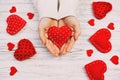 Female hands giving red heart. Valentine day background toned, vintage Royalty Free Stock Photo