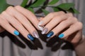 Female hands with glitter blue nail design. Blue nail polish manicure. Female hands with green leaves on gray fabric