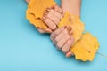 Female hands with golden nail design. Glitter gold nail polish manicure. Woman hands hold yellow autumn leaves Royalty Free Stock Photo