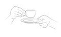 Female hands in a graceful gesture hold a small coffee cup and saucer. Sketch. Beautiful hand holding mug with hot beverage