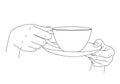 Female hands gracefully hold cup of tea or coffee and saucer. Sketch, linear drawing. Morning cup of coffee. Elegant tea pair