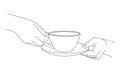 Female hands gracefully hold cup of tea or coffee and saucer. Sketch, linear drawing. Morning cup of coffee