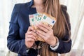 Female hands in handcuffs with euro notes Royalty Free Stock Photo