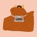 Female hands and head sticking out from under the blanket. Person use laptop under soft cozy blanket.