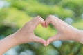 Female hands heart shape on nature bokeh sun light flare and blur leaf abstract background. Copy space of happy love and freedom Royalty Free Stock Photo