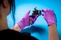 Female Hands Hold A Blue Tattoo Machine Royalty Free Stock Photo