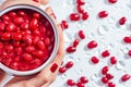 Female hands hold can of canned red beans on white background of with water drops Royalty Free Stock Photo