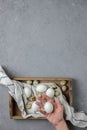 Female hands hold chicken and quail eggs in a wooden box with a towel on a gray concrete background. Top view. Flat lay Royalty Free Stock Photo