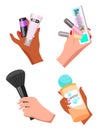 Female hands hold different cosmetics for face skin and hair. Makeup, fashion and beauty image