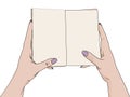 Female hands hold an open notebook. Blank for notes, diary. Drawing, the object is isolated on a white background Royalty Free Stock Photo