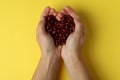 Female hands hold red beans on yellow background Royalty Free Stock Photo