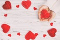 Female hands hold red heart. Top view, copy space toned, vintage Royalty Free Stock Photo