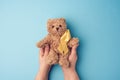 Female hands hold a small teddy bear with a yellow ribbon folded in a loop on a blue background
