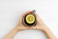 Female hands hold a warm cup of tea with a slice of lemon. Royalty Free Stock Photo