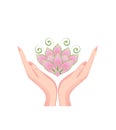 Female hands holding a beautiful pink lotus flower Royalty Free Stock Photo