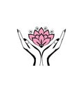 Female hands holding a beautiful pink lotus flower for logo design Royalty Free Stock Photo