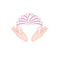 Female hands holding a beautiful pink lotus icon isolated on white background Royalty Free Stock Photo