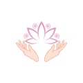 Female hands holding a beautiful pink lotus icon isolated on white background Royalty Free Stock Photo