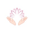 Female hands holding a beautiful pink lotus icon isolated on white background Royalty Free Stock Photo