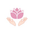 Female hands holding a beautiful pink lotus icon isolated on white background Royalty Free Stock Photo