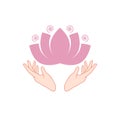 Female hands holding a beautiful pink lotus icon isolated on white background Royalty Free Stock Photo