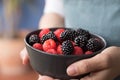 Female hands holding a bowl full of blackberries and raspberries Royalty Free Stock Photo