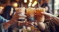 Female hands holding Bubble tea Asian sweet tapioca pearls drink in night cafe.