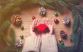 Female hands holding Christmas toy car on wooden table. Royalty Free Stock Photo