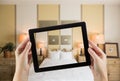 Female Hands Holding Computer Tablet In Room with Photo on Screen