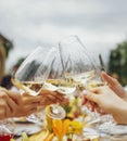 Female hands holding elegant glasses with long stem of champagne and and clink them on the background of a table with snacks and Royalty Free Stock Photo