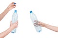 Female hands holding empty plastic bottle isolated on white. Recyclable waste. Recycling, reuse, garbage disposal, resources, envi Royalty Free Stock Photo