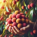 Female hands holding fresh lychees fruits with green leaves in the garden