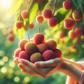 Female hands holding fresh lychees fruits with green leaves in the garden