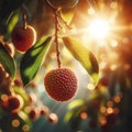 Litchi fruits on the tree in the garden at sunset