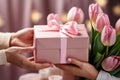 Female hands holding gift pink box, mother day , new year, birthday concept, generative ai