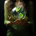 female hands holding a green model of the planet Earth. Saving our planet. Earth Day. Respect for nature. Ecological catastrophy. Royalty Free Stock Photo