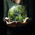 female hands holding a green model of the planet Earth. Saving our planet. Earth Day. Respect for nature. Ecological catastrophy. Royalty Free Stock Photo