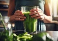 Female hands holding large jar of healthy green protein smoothie drink.Macro.AI Generative