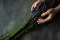 Female Hands Holding Lavender Bouquet Flowers on Rustic Dark Background