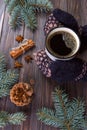 Female hands holding mug of hot chocolate coffee on rustic wooden background with Christmas fir tree branch, copy space. winter ho