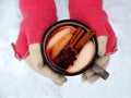 Female hands holding mug of mulled wine with apple and spices. Cup of seasonal hot drink. Homemade fruit tea. Royalty Free Stock Photo