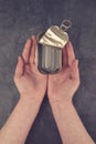 Female Hands Holding Open Empty Sardine Fish Tin Can Royalty Free Stock Photo